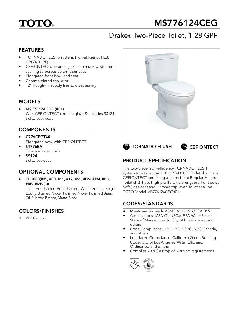 Drake Two-piece Toilet, 1.28 GPF, Elongated Bowl