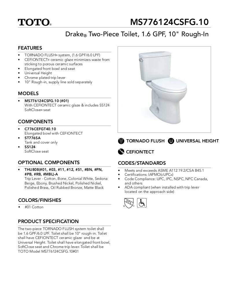 Drake Two-piece Toilet, 1.6 GPF, Elongated Bowl - Universal Height - 10inch Rough-In