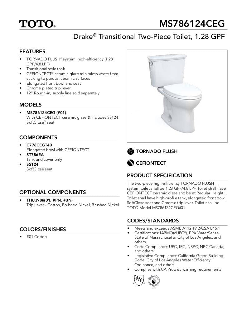 Drake Transitional Two-piece Toilet, 1.28 GPF, Elongated Bowl