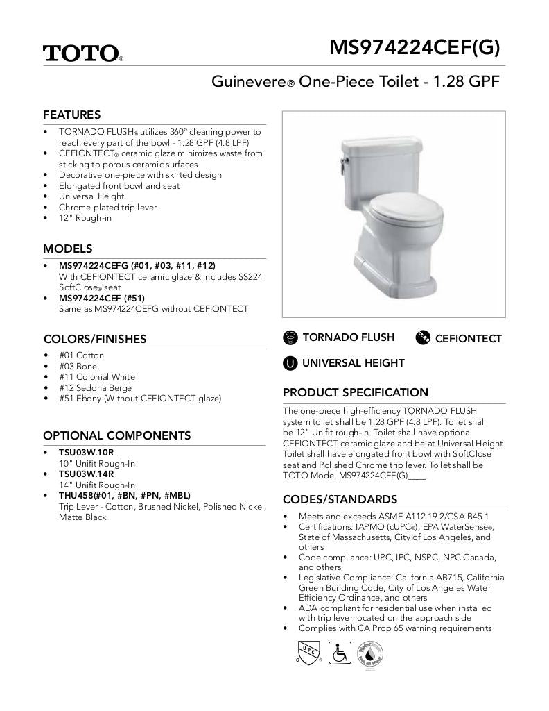 Guinevere One-Piece Toilet, 1.28 GPF, Elongated Bowl