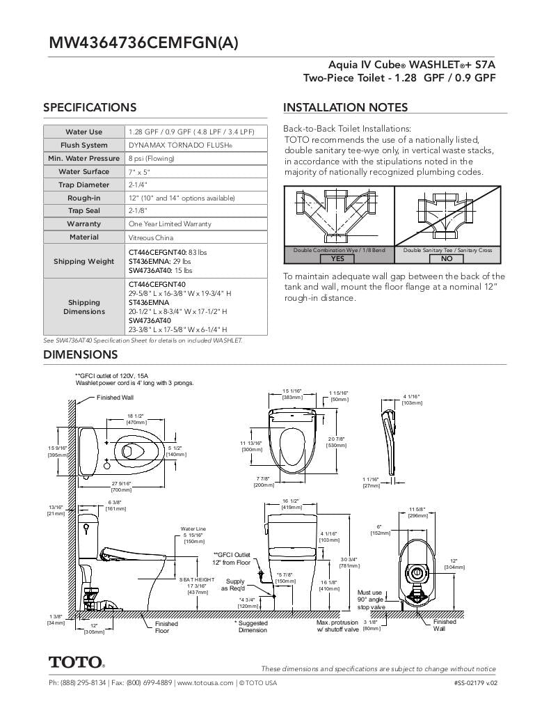 AquiaIV Cube -WASHLET+ S7 Two-Piece Toilet - 1.28 GPF & 0.9 GPF