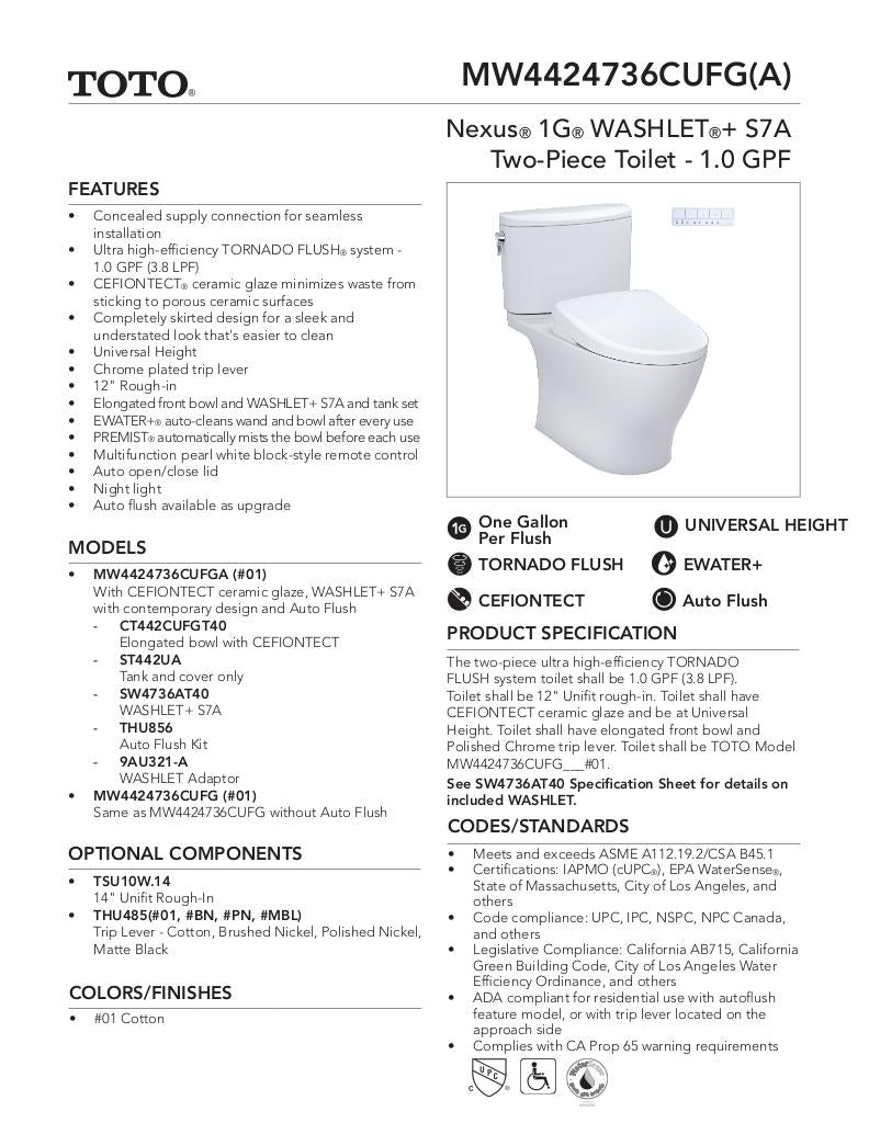 Nexus 1G -WASHLET + C2 Two-Piece Toilet - 1.0 GPF