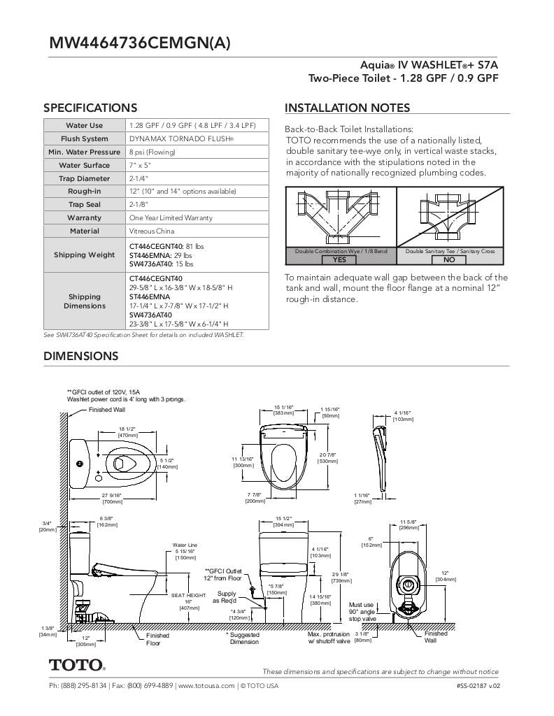 AquiaIV -WASHLET+ S7A Two-Piece Toilet - 1.28 GPF & 0.9 GPF
