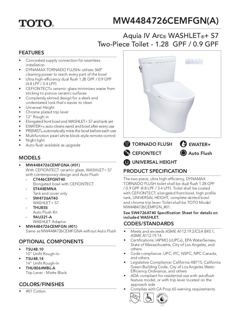 AquiaIV Arc -WASHLET+ S7 Two-Piece Toilet - 1.28 GPF & 0.9 GPF - Universal Height