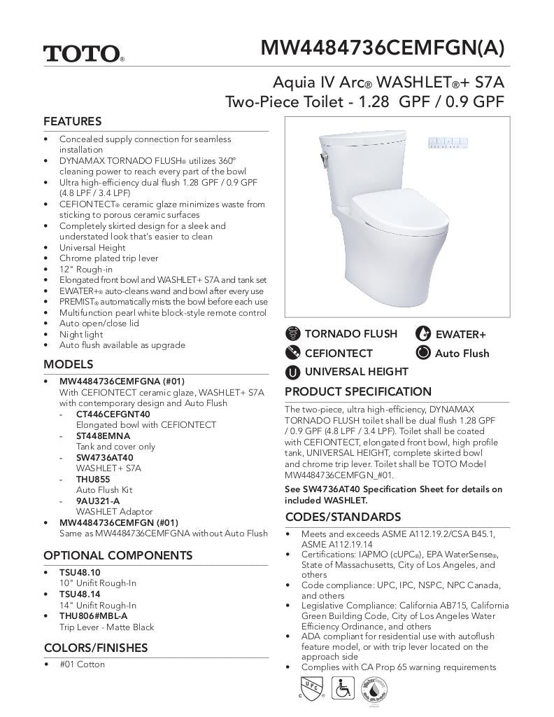 AquiaIV Arc -WASHLET+ S7A Two-Piece Toilet - 1.28 GPF & 0.9 GPF - Universal Height