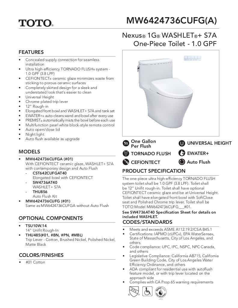 Nexus 1G -WASHLET + C2 One-Piece Toilet - 1.0 GPF