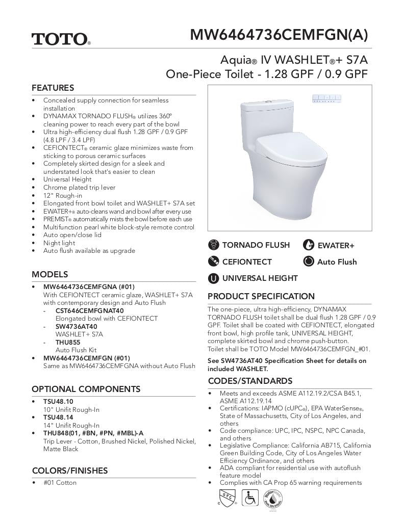 AquiaIV -WASHLET+ C2 One-Piece Toilet - 1.28 GPF & 0.9 GPF - New