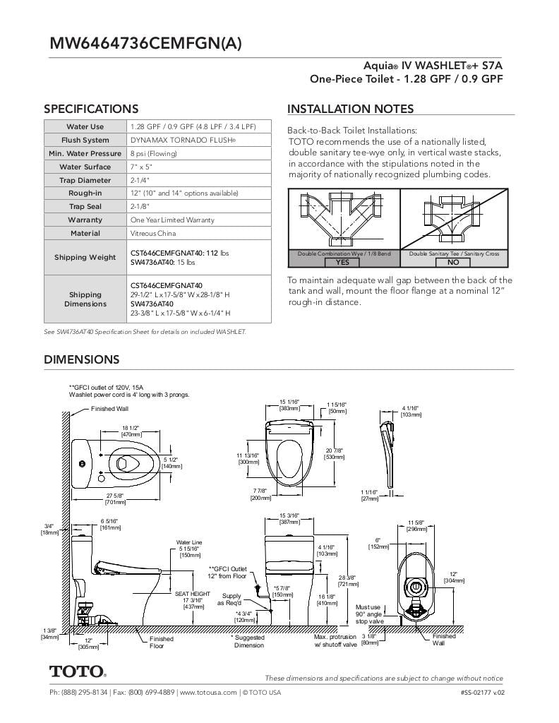 AquiaIV -WASHLET+ C2 One-Piece Toilet - 1.28 GPF & 0.9 GPF - New
