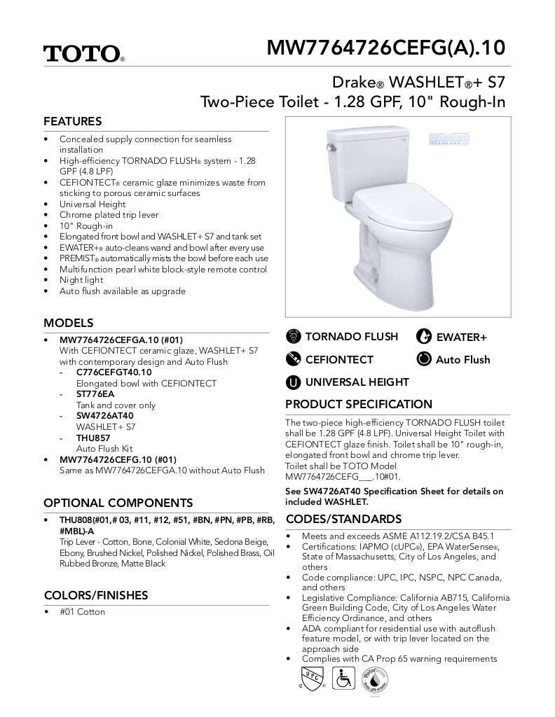 Drake WASHLET + S7 Two-Piece Toilet - 1.28 GPF - Universal Height - 10inch Rough-in