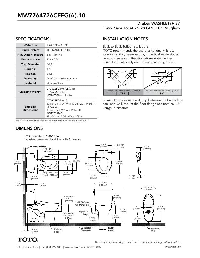 Drake WASHLET + S7 Two-Piece Toilet - 1.28 GPF - Universal Height - 10inch Rough-in