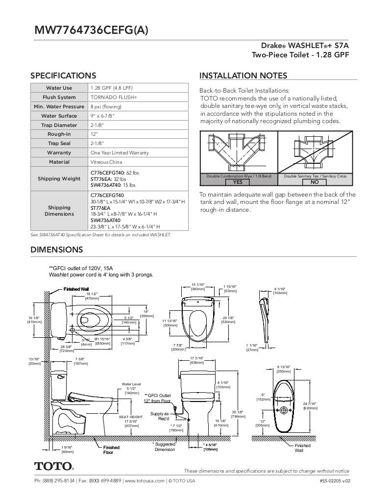 Drake WASHLET + S7A Two-Piece Toilet - 1.28 GPF - Universal Height