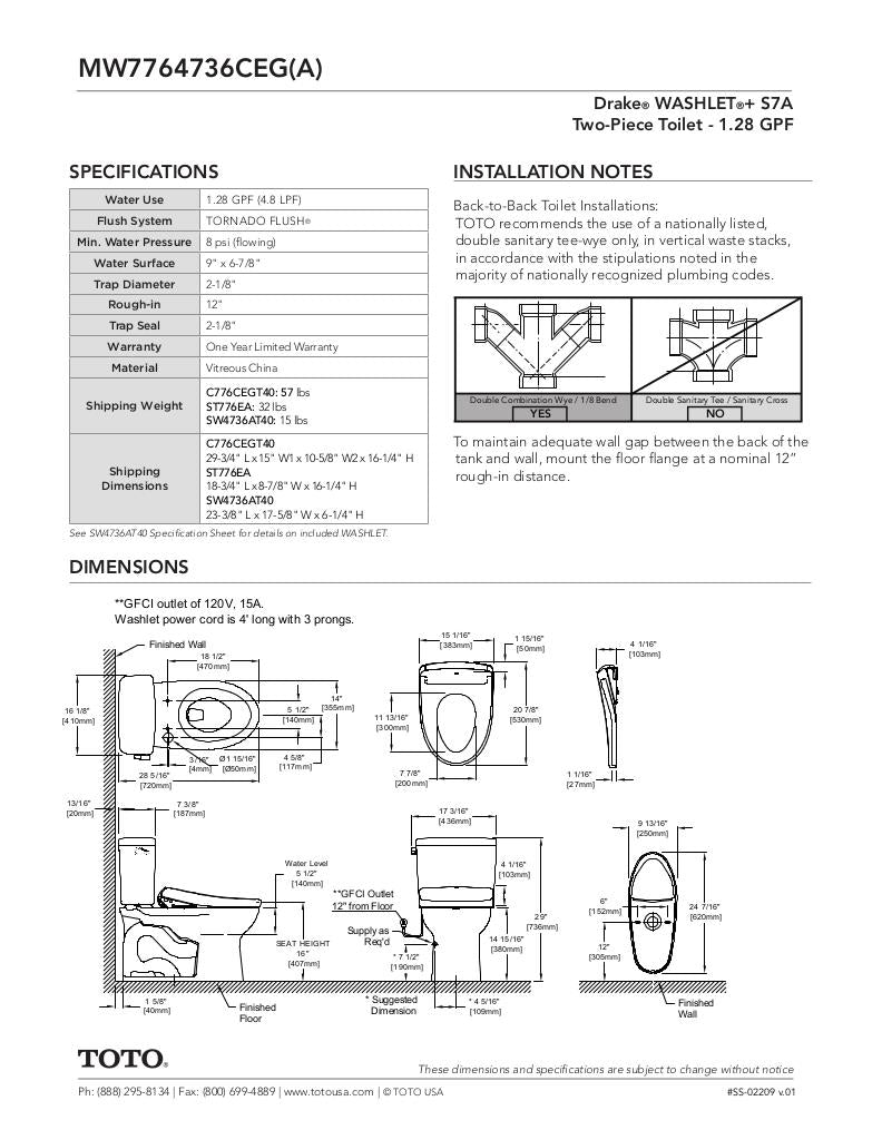 Drake WASHLET + S7A Two-Piece Toilet - 1.28 GPF