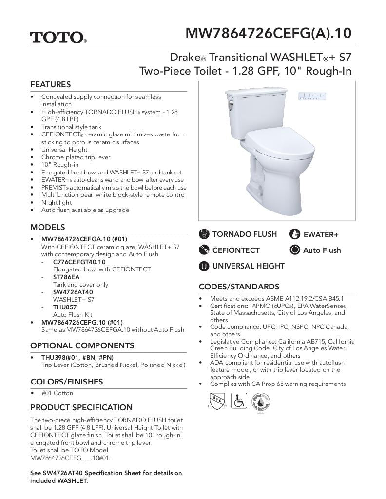 Drake TransitionalWASHLET + S7 Two-Piece Toilet - 1.28 GPF - Universal Height - 10inch Rough-in