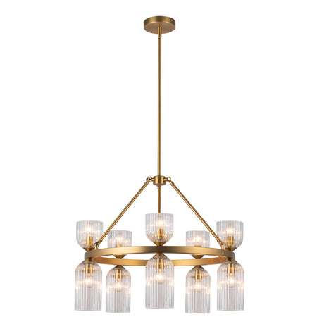 Nelly 26-in ring chandelier in Brushed Gold with Clear Ribbed Glass shades, angled view