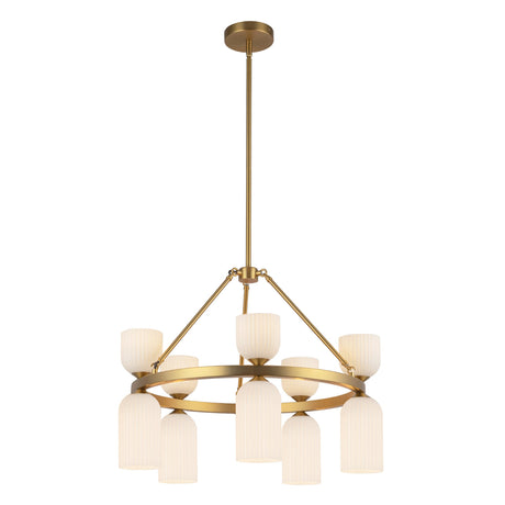 Nelly chandelier in Brushed Gold/Glossy Ribbed Opal Glass with downrod and ring frame