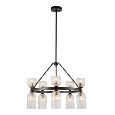 Nelly 26-in ring chandelier with ribbed glass shades and visible bulbs, angled view