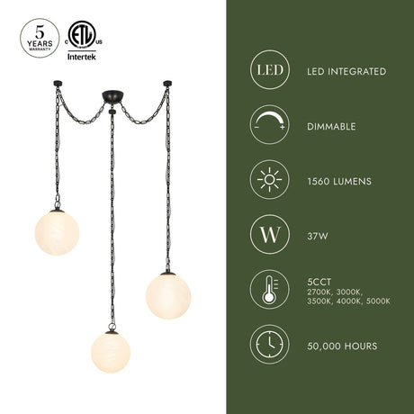 Alora Petra 12-in 3-Head Chandelier