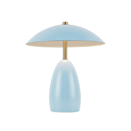 Poppy 9-inch table lamp in Cerulean, lit view showing the shade underside