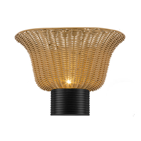 Rancho 14-inch wall light in Matte Black, lit front view with rattan shade