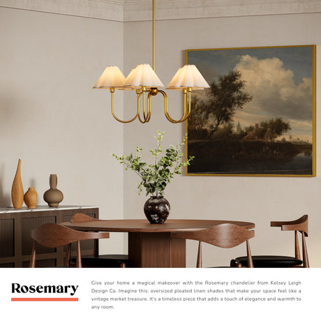 Rosemary collection banner with the Brushed Gold chandelier in a dining room