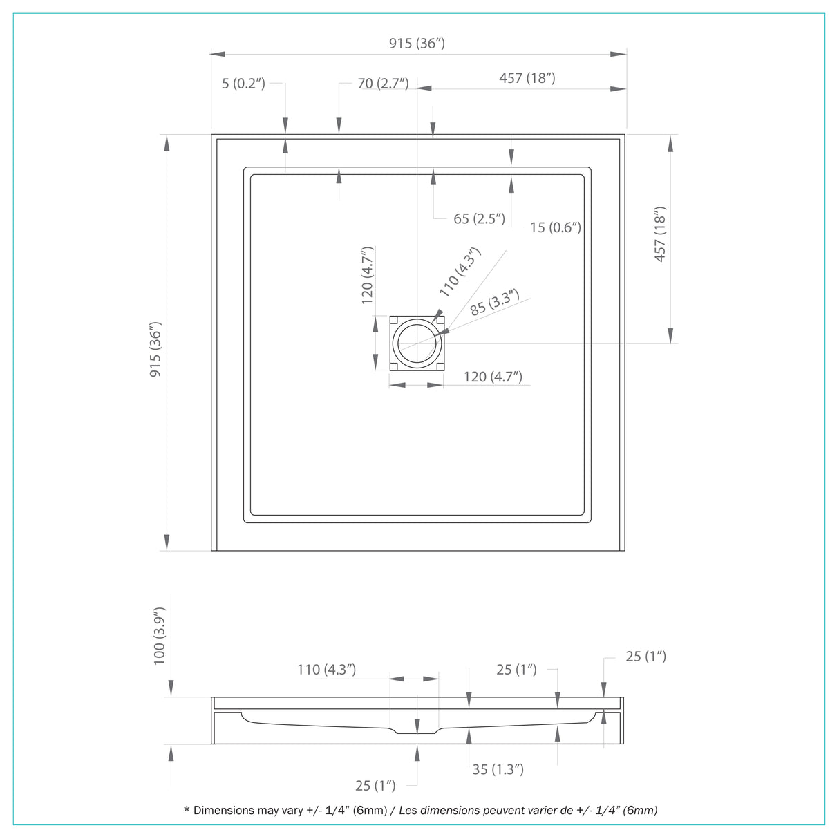 Efrain 36x36 Alcove Acrylic Shower Base Alcove center drain (3 flanges