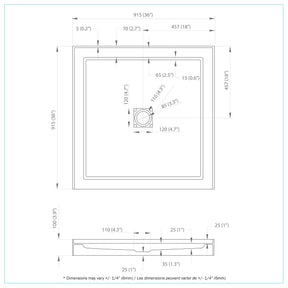 Efrain 36x36 Alcove Acrylic Shower Base Alcove center drain (3 flanges
