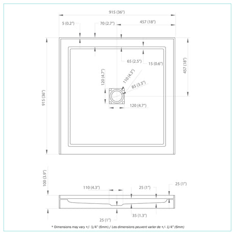 Efrain 36x36 Alcove Acrylic Shower Base Alcove center drain (3 flanges