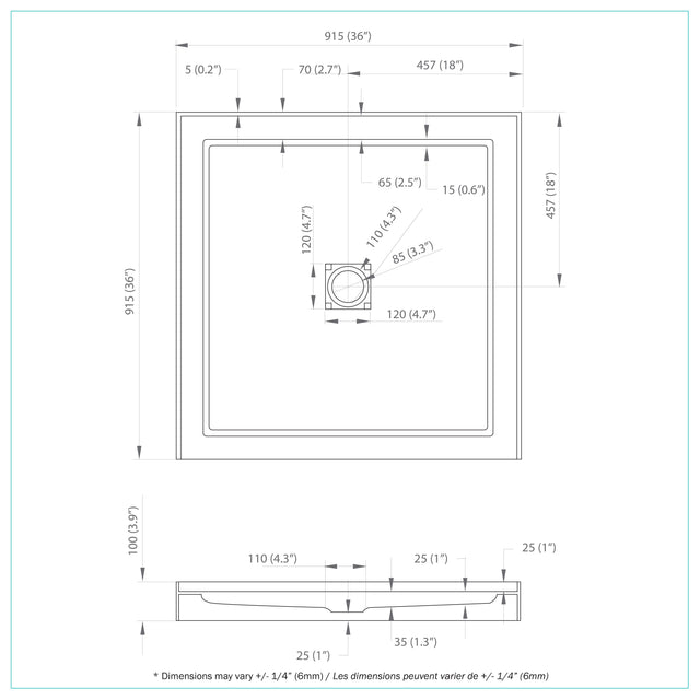 Efrain 36x36 Alcove Acrylic Shower Base Alcove center drain (3 flanges
