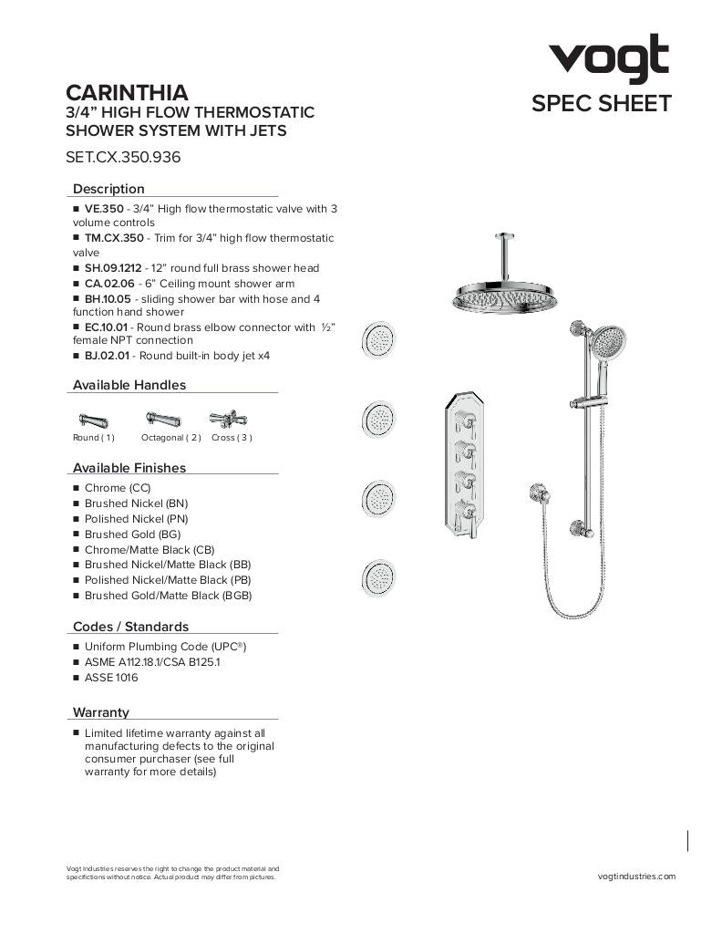 CARINTHIA 3/4" HIGH-FLOW TH SHOWER KIT WITH BODY JETS AND 6" CEILING ARM