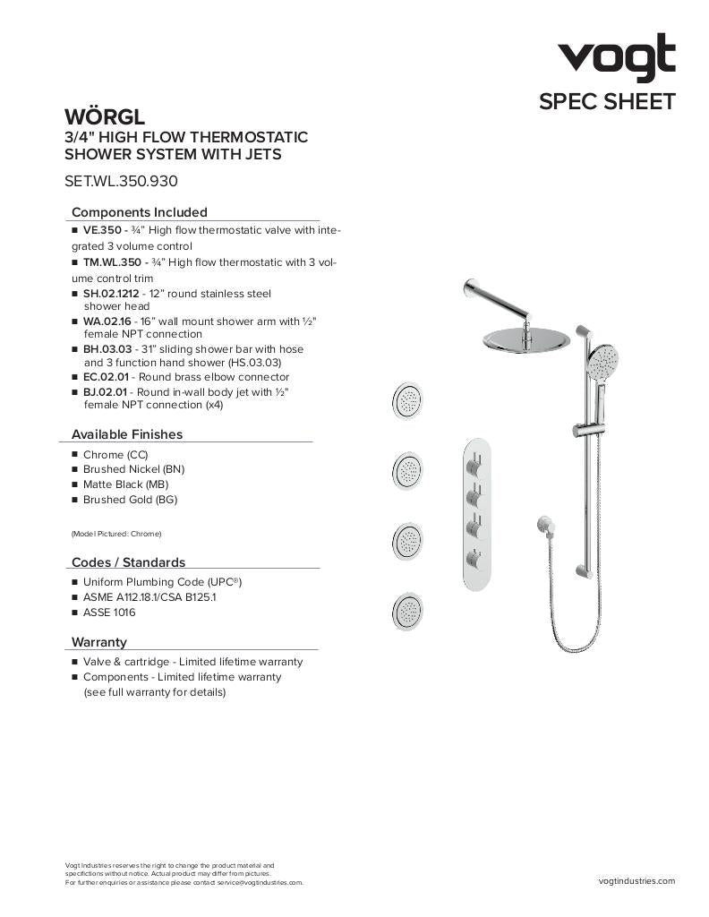 WORGL 3/4" HIGH-FLOW TH SHOWER KIT WITH BODY JETS