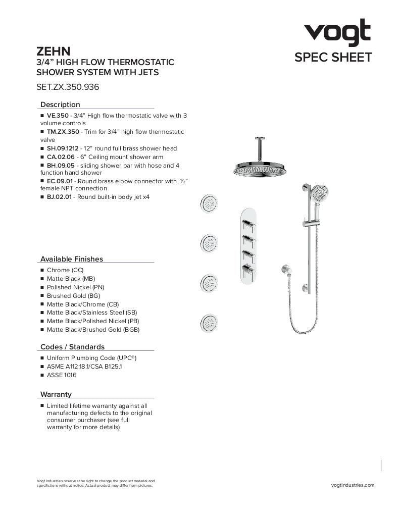 ZEHN 3/4" HIGH-FLOW TH SHOWER KIT WITH BODY JETS AND 6" CEILING ARM