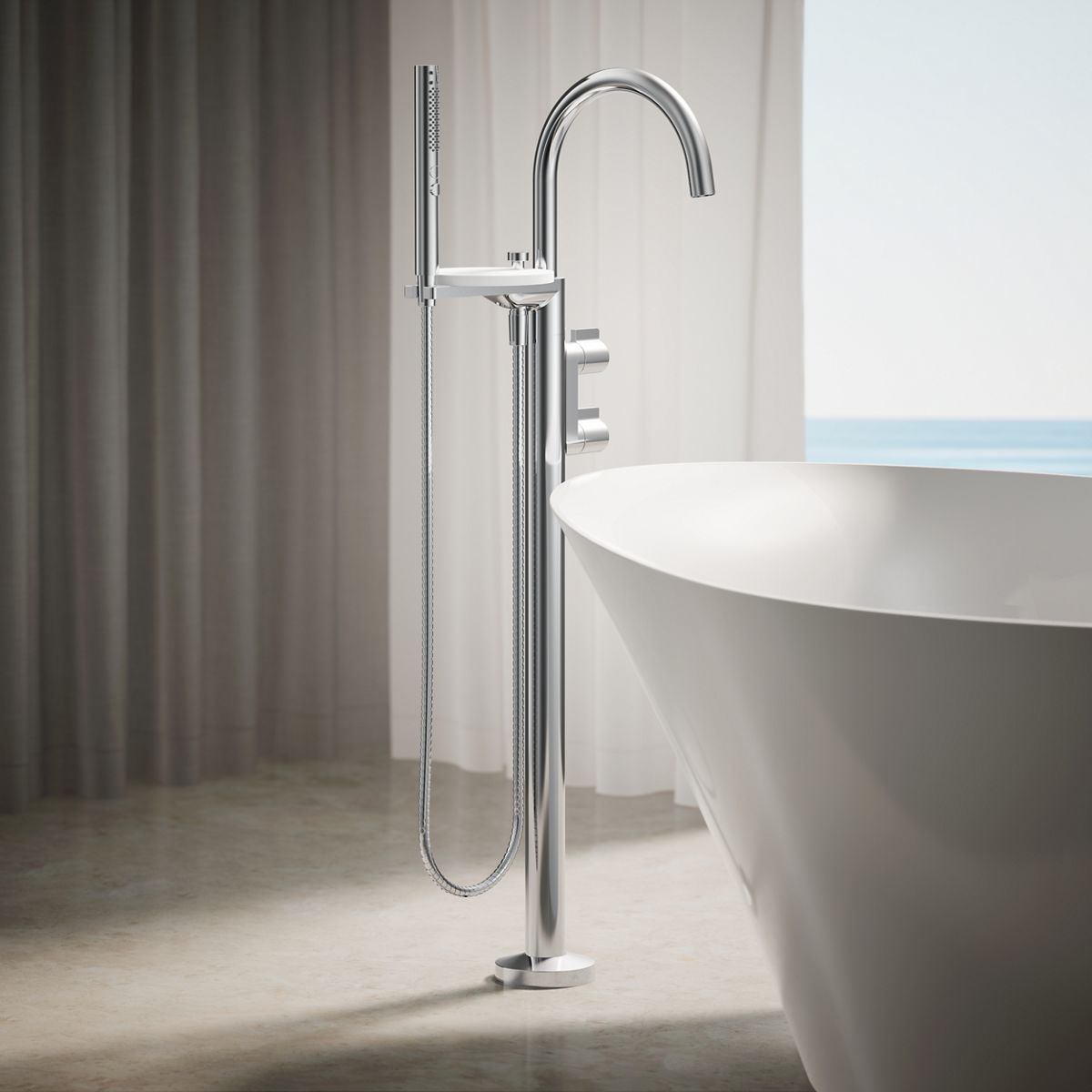 Components® Floor-mount bath filler trim with lever handles and handshower