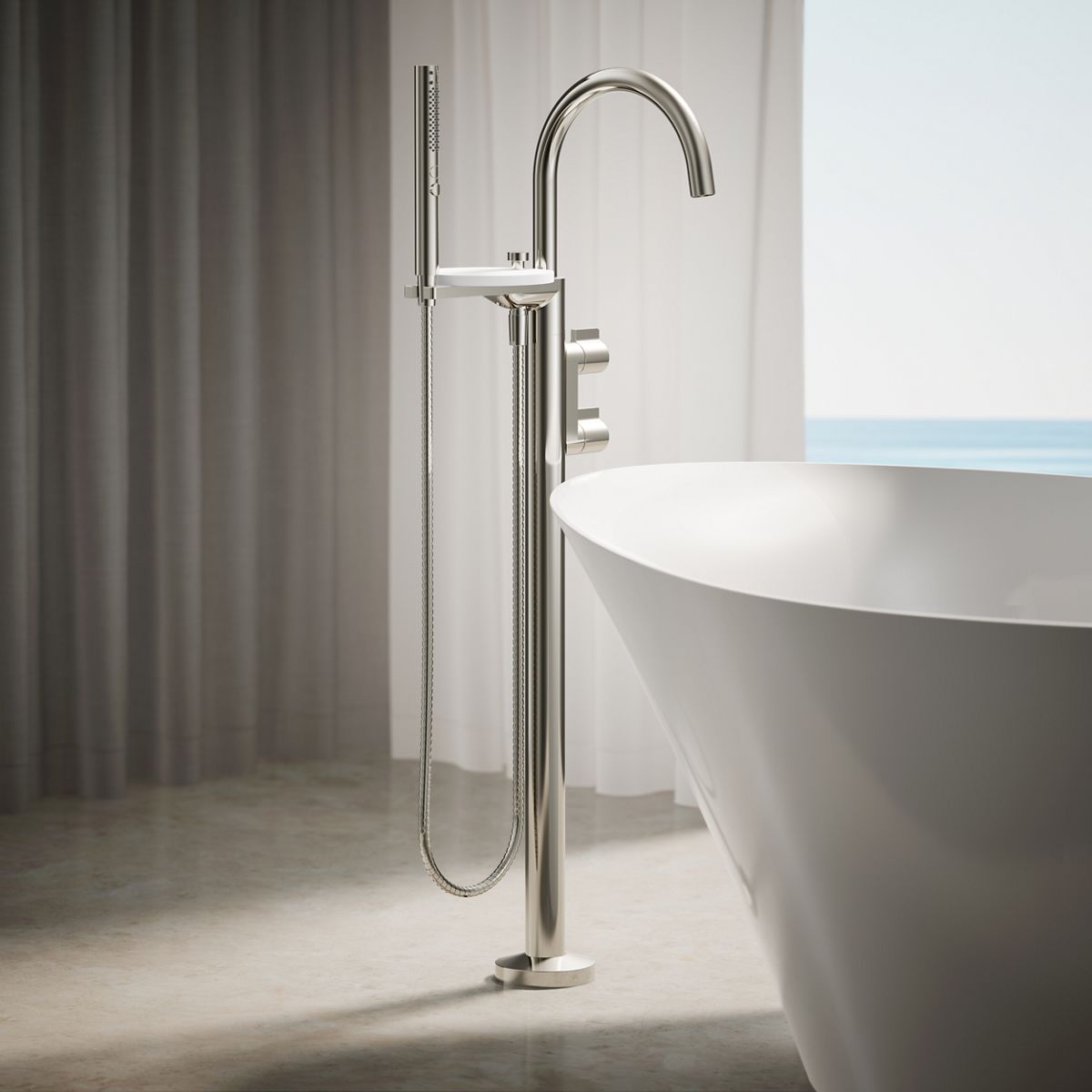 Components® Floor-mount bath filler trim with lever handles and handshower