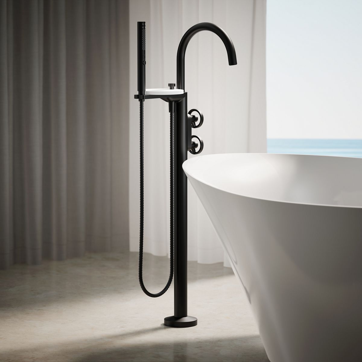 Components® Floor-mount bath filler trim with industrial handles and handshower