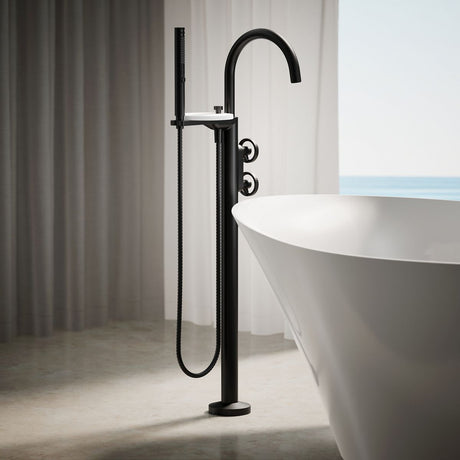 Components® Floor-mount bath filler trim with industrial handles and handshower