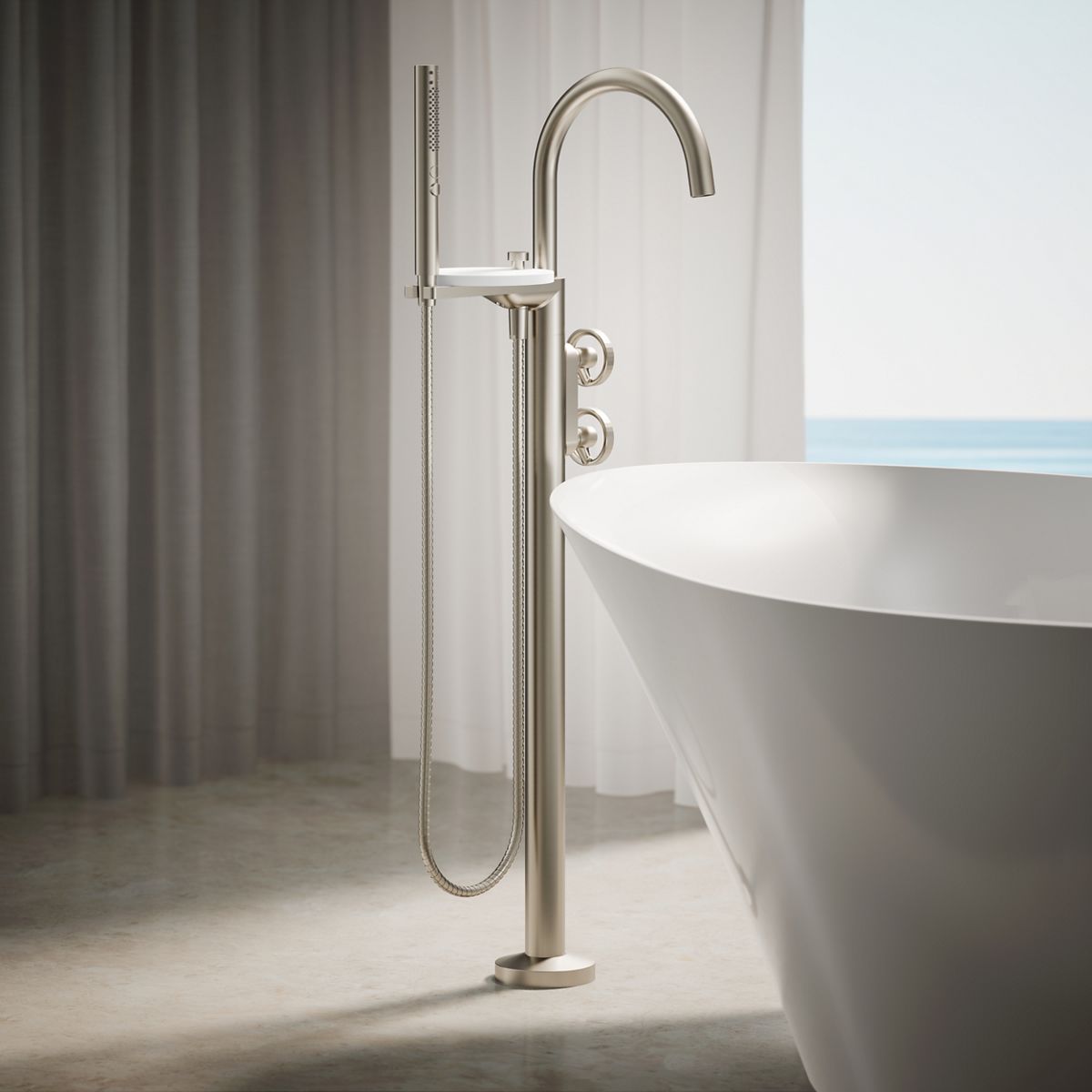 Components® Floor-mount bath filler trim with industrial handles and handshower