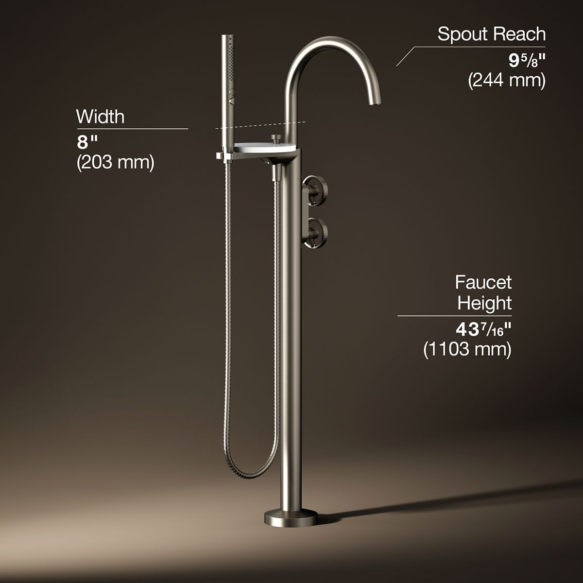 Components® Floor-mount bath filler trim with industrial handles and handshower