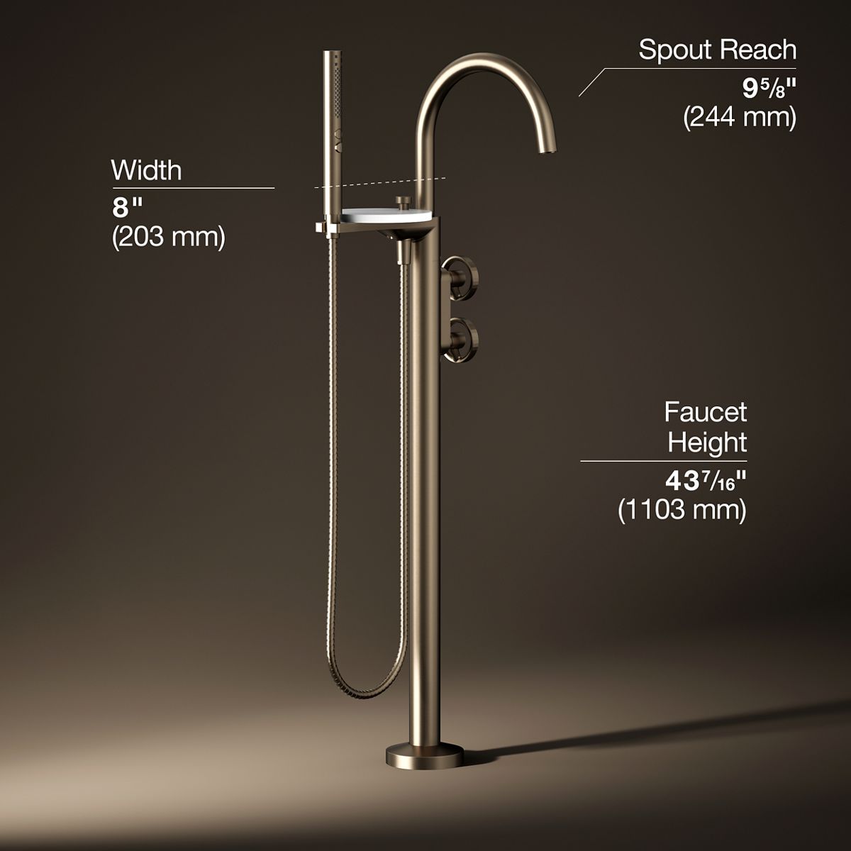 Components® Floor-mount bath filler trim with industrial handles and handshower