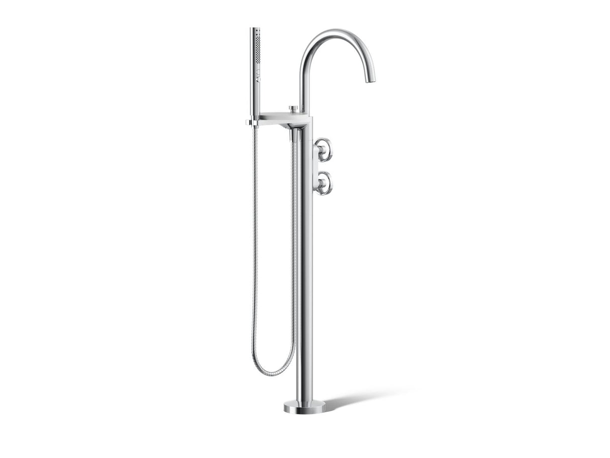 Components® Floor-mount bath filler trim with industrial handles and handshower