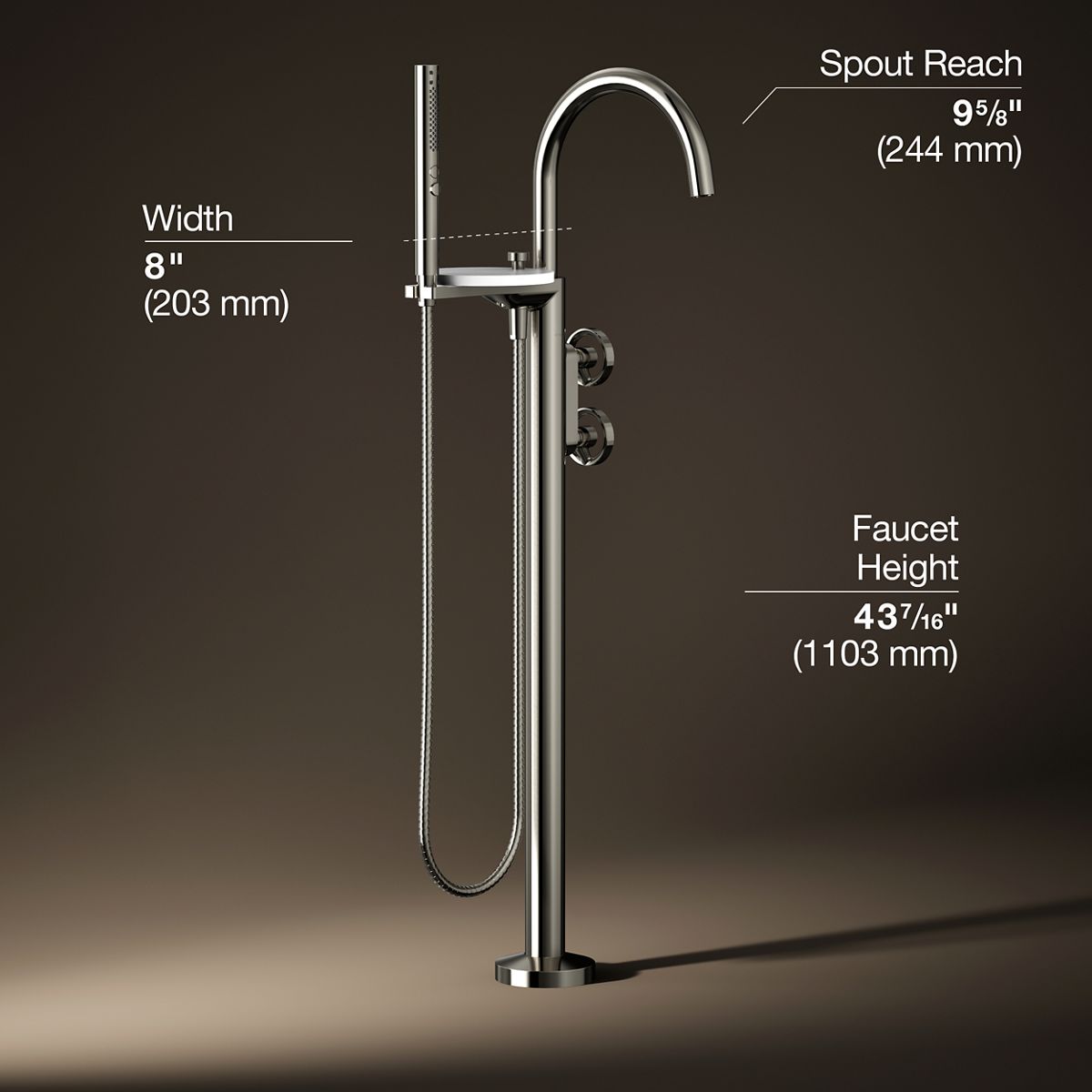 Components® Floor-mount bath filler trim with industrial handles and handshower