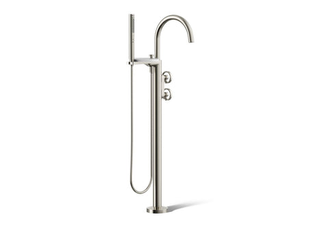 Components® Floor-mount bath filler trim with industrial handles and handshower