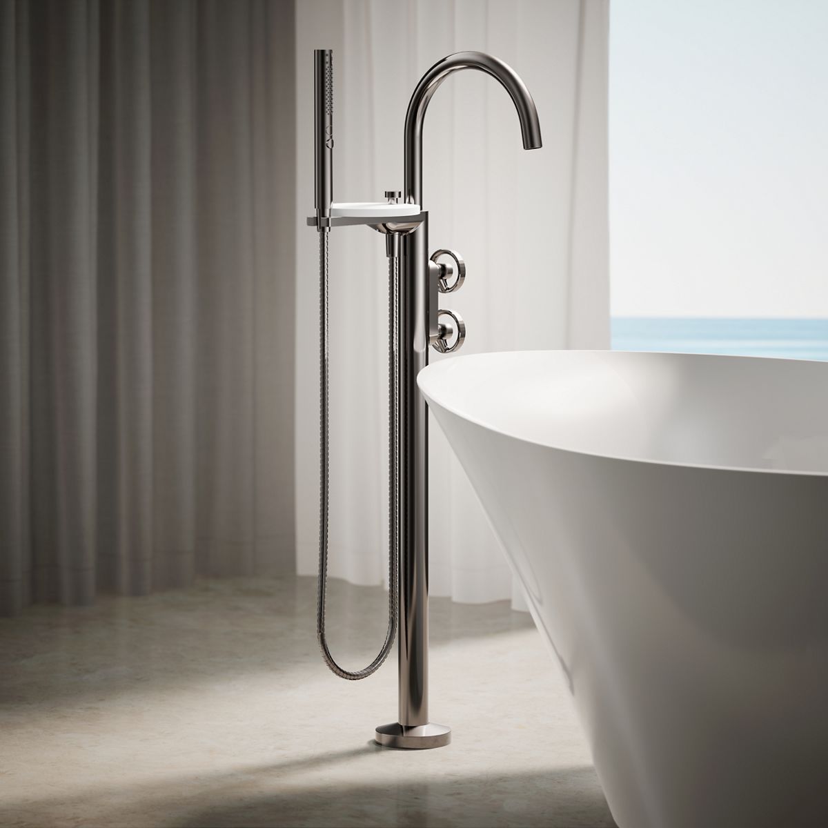 Components® Floor-mount bath filler trim with industrial handles and handshower