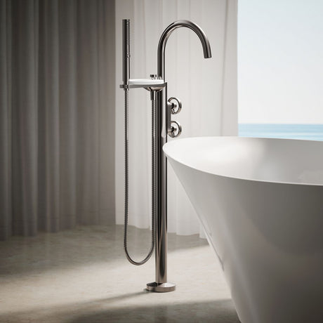 Components® Floor-mount bath filler trim with industrial handles and handshower