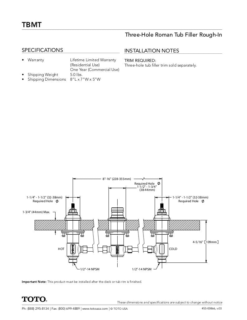 Three-Hole Roman Tub FillerRough-in