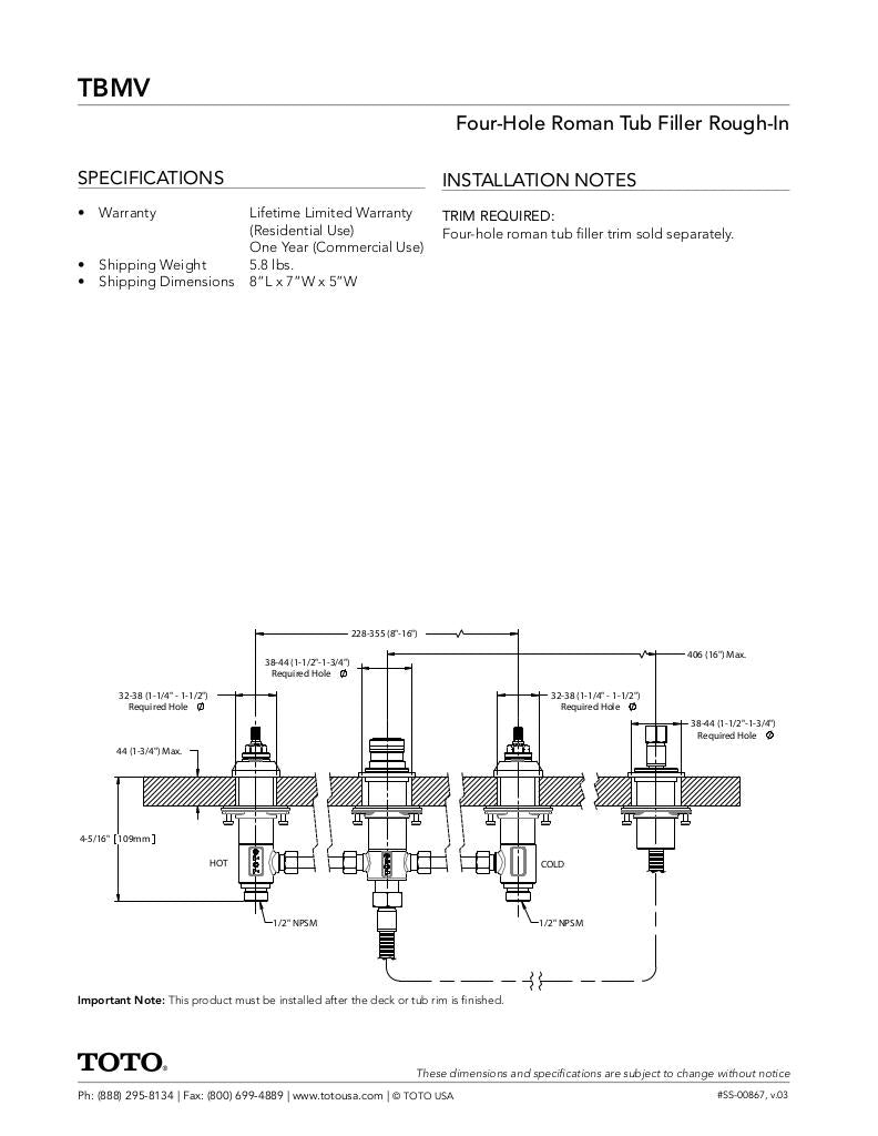 Four-Hole Roman Tub Filler Rough-In