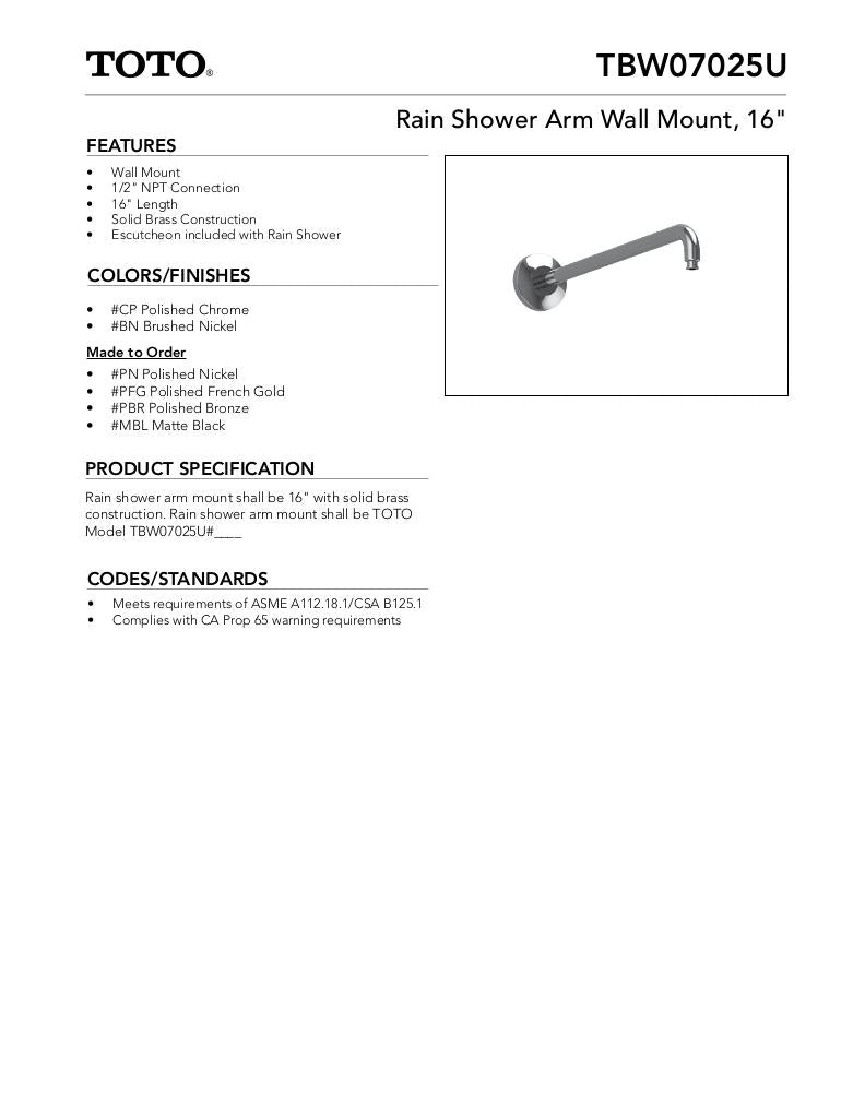 Rain Shower Arm Wall Mount - 16"