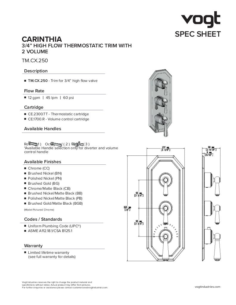 CARINTHIA TRIM FOR 3/4" HIGH-FLOW TH VALVE WITH 2 VOLUME CONTROLS