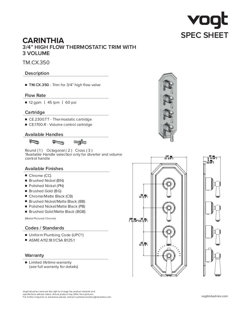 CARINTHIA TRIM FOR 3/4" HIGH-FLOW TH VALVE WITH 3 VOLUME CONTROLS