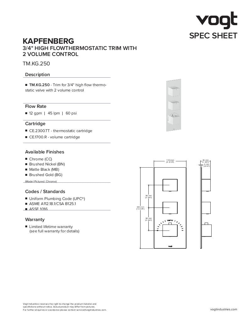 KAPFENBERG TRIM FOR 3/4" HIGH-FLOW TH VALVE WITH 2 VOLUME CONTROLS