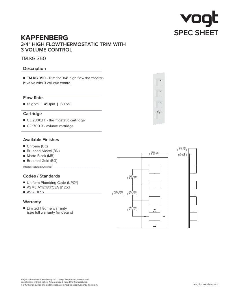 KAPFENBERG TRIM FOR 3/4" HIGH-FLOW TH VALVE WITH 3 VOLUME CONTROLS